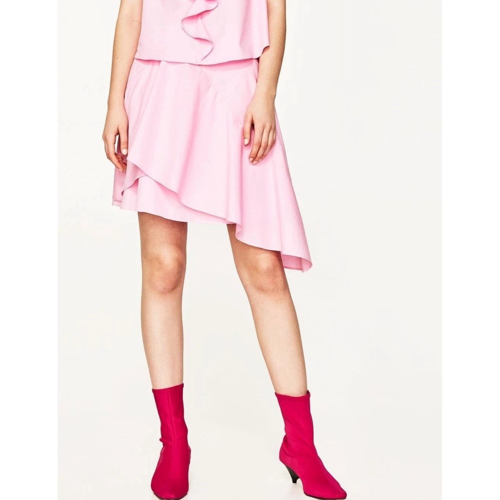 Zara assymetric ruffled‎ Baby Pink Lined Mini skirt Size XS